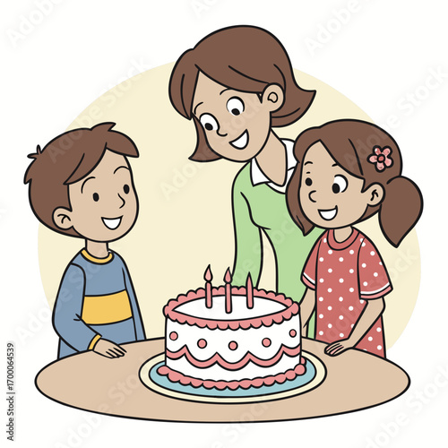Vector art of a cheerful mother and her two children are gathered around a birthday cake with three candles, celebrating a special occasion with joy and excitement