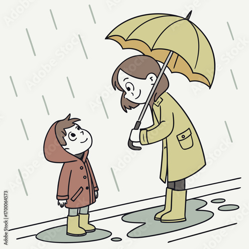 Vector art of a mother and child are sharing a tender moment in the rain, with the mother holding an umbrella to protect her child, creating a heartwarming scene of love and care