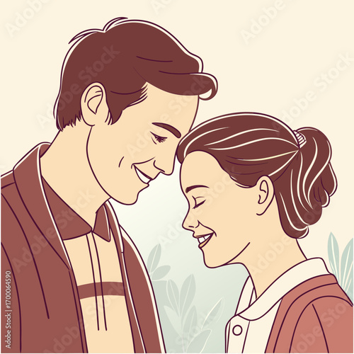 Vector art of a loving couple shares a tender moment, their faces close together as they smile, radiating happiness and affection in a beautiful display of connection