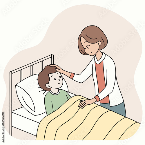 Vector art of a caring mother tending to her sick child in bed, showing compassion, love, and support during a time of illness, creating a comforting and nurturing environment at home