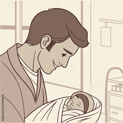 Vector art of a loving father gazes adoringly at his newborn baby, cradling the infant gently in his arms, filled with tenderness and affection, in a heartwarming illustration