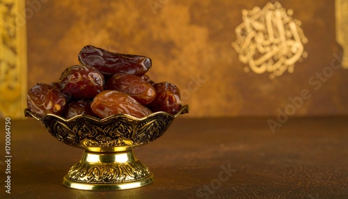 Dried dates in a decorative bowl, set against a backdrop of religious text
