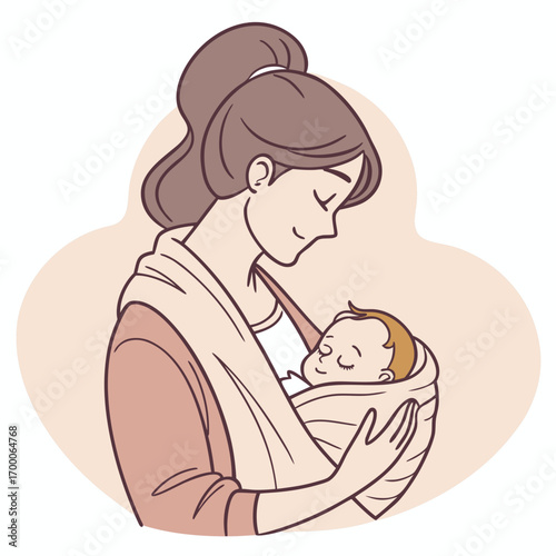 Vector art of a mother lovingly holds her sleeping baby in a sling, providing comfort and security, her gentle embrace creating a bond of warmth and protection, in a tender illustration
