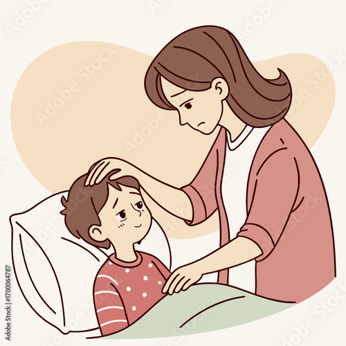 Vector art of a caring mother is checking her sick childs temperature in bed, showing love and concern, ensuring comfort and care during illness, with a gentle touch and worried expression