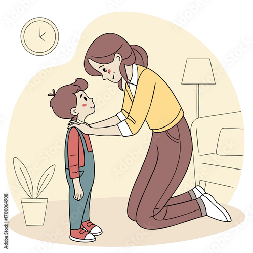 Vector art of a mother is kneeling down to talk to her son, the boy is looking up at her, the scene is set indoors with a clock, lamp, sofa and plant in the background