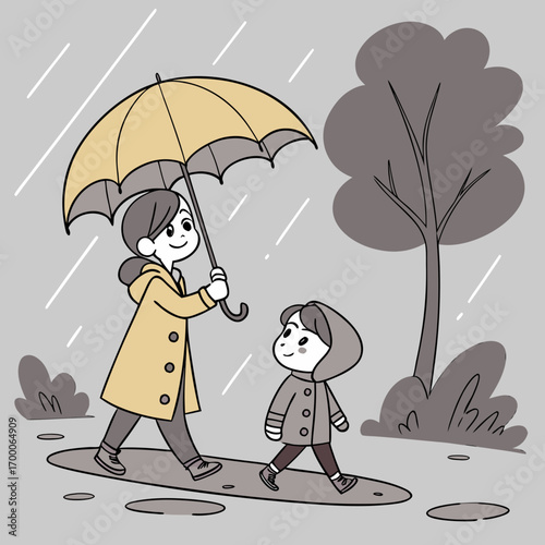 Vector art of a mother and child walking in the rain under an umbrella, the mother is holding the umbrella over the child, the scene is set in a park with a tree and puddles on the ground