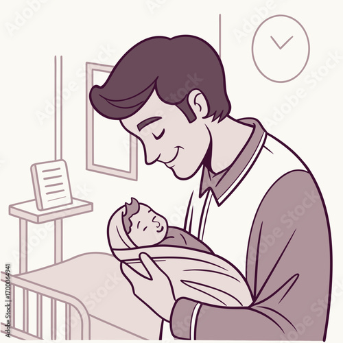 Vector art of a father is holding his newborn baby with love and tenderness, cherishing the precious moment of bonding and connection, and feeling grateful for the new addition to the family