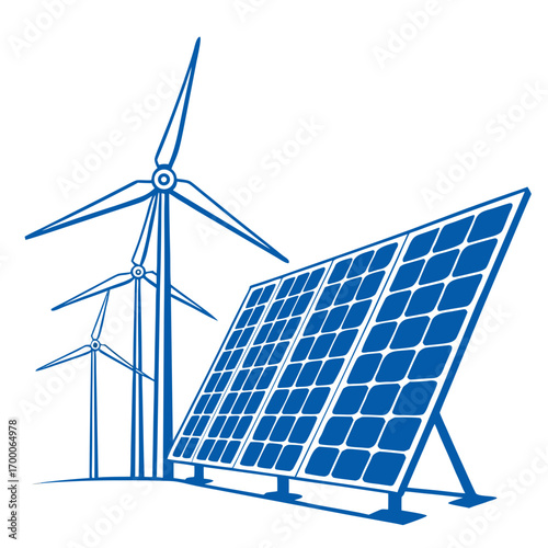Illustration of wind turbine and solar panel, showcasing sustainable energy sources, , promoting clean energy, environmental awareness, and technological innovation for a greener future