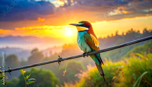 A vibrant kingfisher perches serenely on a wire at sunrise, showcasing a breathtaking landscape of colorful hills and a golden sunrise.