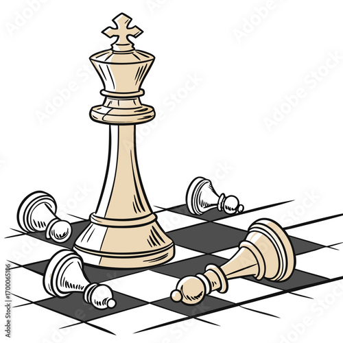 Illustration of a chess king standing tall among fallen pawns, symbolizing victory, strategy, and leadership in a competitive game