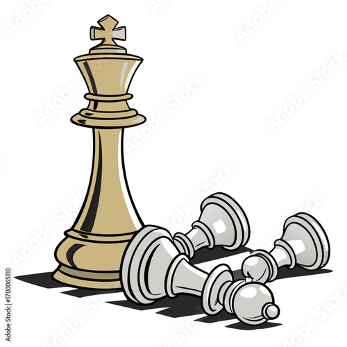 Vector art of golden chess king standing tall, victorious over fallen pawns, a symbol of strategy, leadership, and triumph in the game of chess, showcasing dominance and resilience