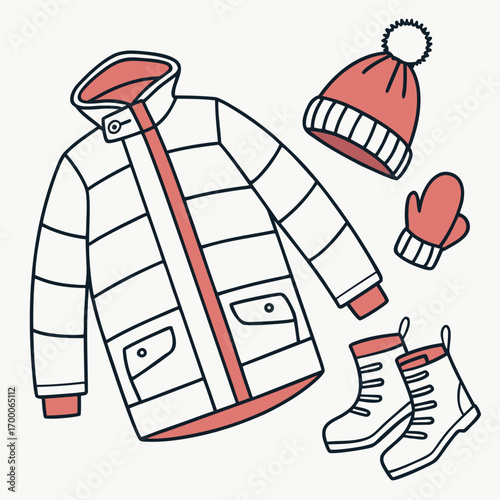 Cozy winter clothing set featuring a puffy jacket beanie hat mittens and boots