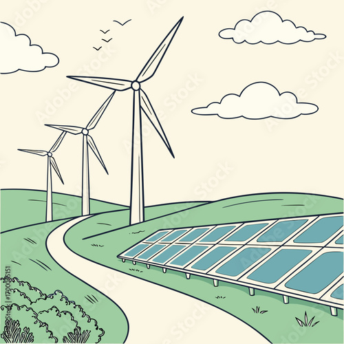 Vector art of scenic landscape featuring wind turbines and solar panels, symbolizing sustainable energy and environmental conservation, a harmonious blend of nature and technology