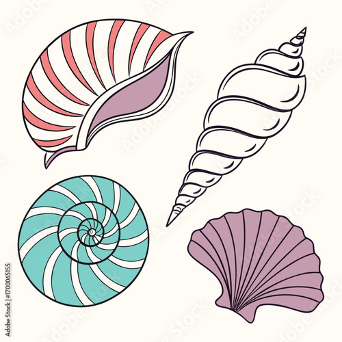 Collection of four stylized seashells in pastel colors nautilus conch and fan shapes on a light background