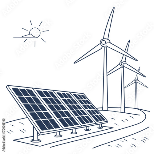 Illustration of solar panels and wind turbines, representing sustainable energy sources and ecofriendly power generation