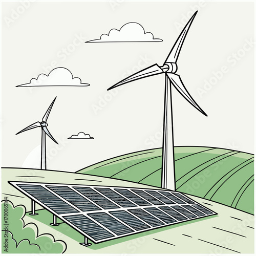 Illustration of solar panels and wind turbines on a green field, representing sustainable energy sources and ecofriendly power generation
