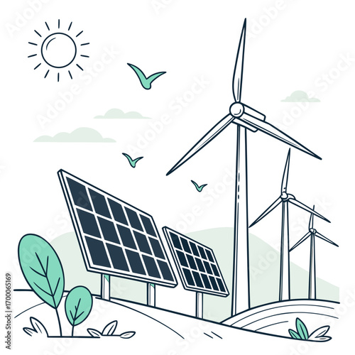 Vector art of illustration showcasing solar panels and wind turbines against a backdrop of rolling hills, birds, and a radiant sun, symbolizing sustainable energy and ecofriendly power generation