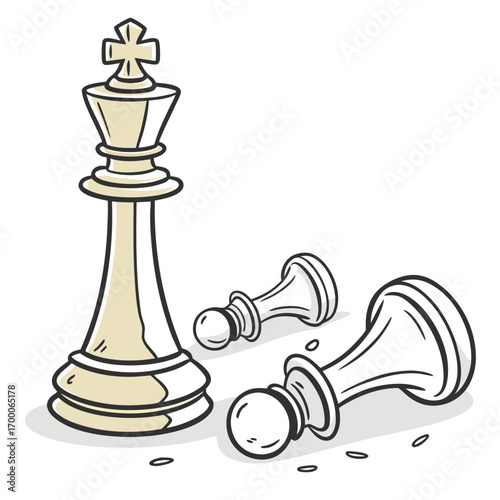 Illustration of a chess king standing victorious among fallen pawns, symbolizing strategy, leadership, and triumph in a competitive environment