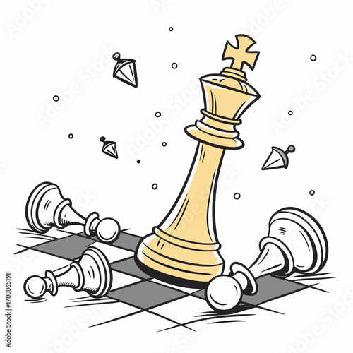 Illustration of a chess king standing victorious among fallen pawns, symbolizing strategy, leadership, and triumph in a competitive environment
