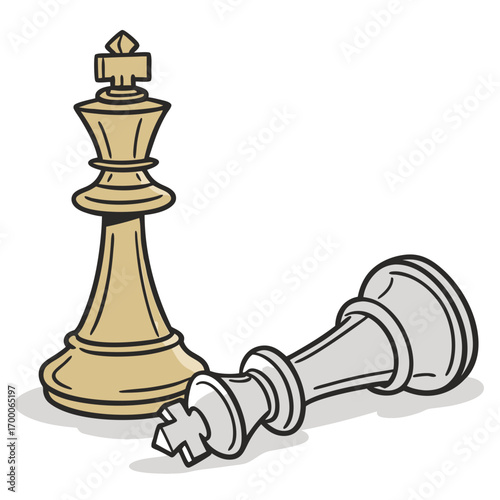 Vector art of golden king standing tall over fallen silver king, symbolizing victory, strategy, and the end of a chess game, showcasing power and defeat in a minimalist style