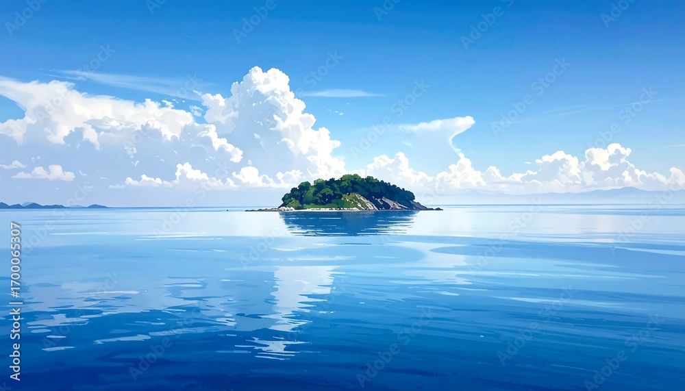 Naklejka premium Serene island scene unfolds in a tranquil blue sea, with fluffy white clouds dotting a vibrant sky.