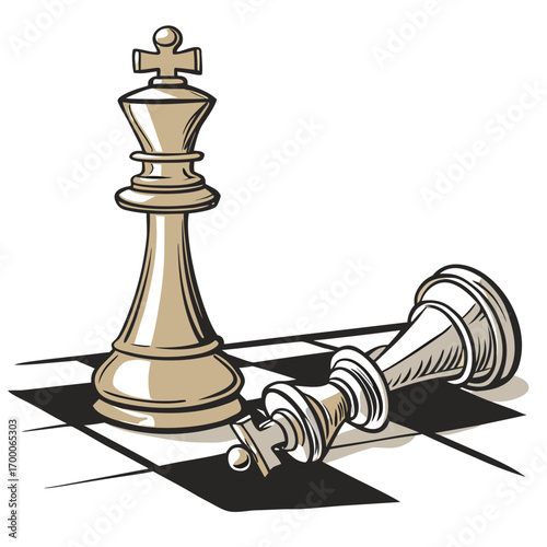 Vector art of the silver king stands tall on the chessboard, a symbol of victory, while the defeated white king lies fallen, representing the end of the game