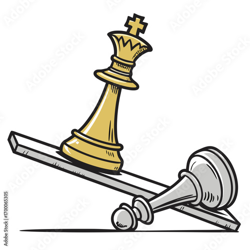 Vector art of the golden king stands tall on a seesaw, symbolizing balance, while the defeated silver king lies fallen, representing the imbalance of power