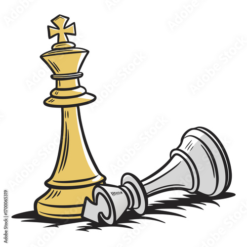Vector art of the golden king stands tall, a symbol of triumph, while the defeated silver king lies fallen, representing the end of the battle