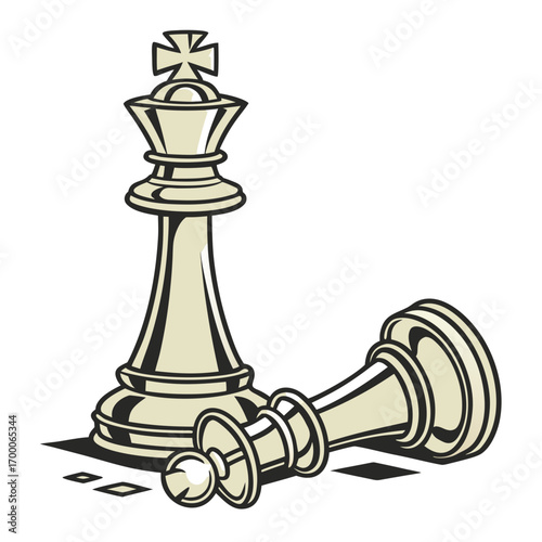 Vector art of a standing king chess piece towers over a fallen pawn, , symbolizing strategic victory and the vulnerability of pawns in the game of chess, showcasing the power dynamics