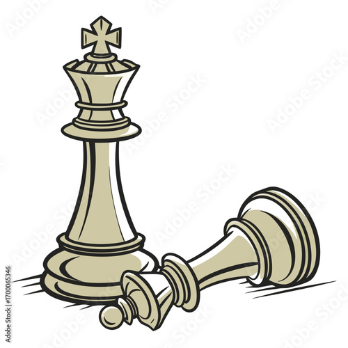 Vector art of a standing king chess piece towers over a fallen pawn, , symbolizing strategic victory and the vulnerability of pawns in the game of chess, showcasing the power dynamics