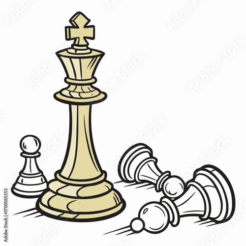 Vector art of a standing king chess piece towers over fallen pawns, , symbolizing strategic victory and the vulnerability of pawns in the game of chess, showcasing the power dynamics