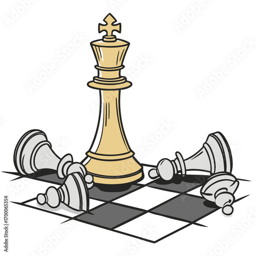 Vector art of a golden chess king stands tall on a checkered board, surrounded by fallen white pawns, symbolizing victory, strategy, and the triumph of leadership
