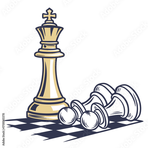 Illustration of a chess king standing tall over fallen pawns on a checkered board, , symbolizing victory, strategy, and the triumph of leadership in a game of intellect