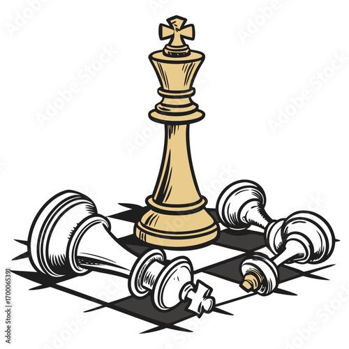 Vector art of a golden king chess piece stands tall on a chessboard, surrounded by fallen white pawns, symbolizing victory, strategy, and the triumph of leadership
