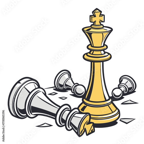 Vector art of a golden king chess piece stands victorious amidst fallen silver pawns, representing strategic dominance, leadership, and the successful execution of a wellplanned game