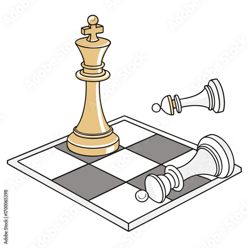 Vector art of a golden king chess piece stands tall on a chessboard with fallen white pawns, symbolizing strategic dominance and the successful outcome of a wellplayed game