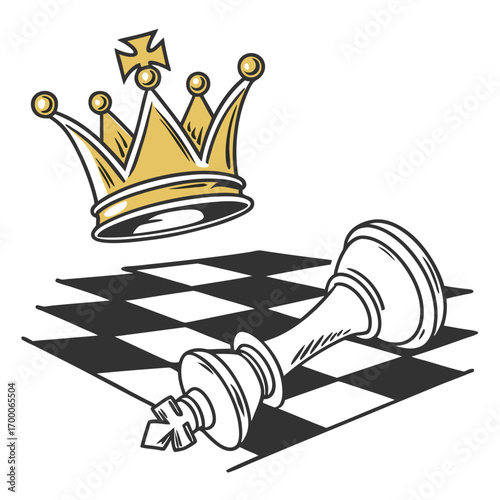 Vector art of a fallen king chess piece lies defeated on a chessboard, with a golden crown floating above, , symbolizing defeat, victory, and the changing of power