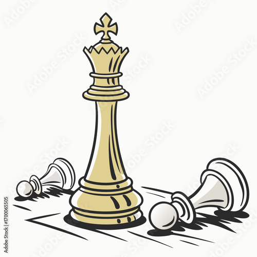 Vector art of a cartoon illustration depicting a chess king standing tall amidst fallen pawns, symbolizing strategy, leadership, and triumph in a competitive environment