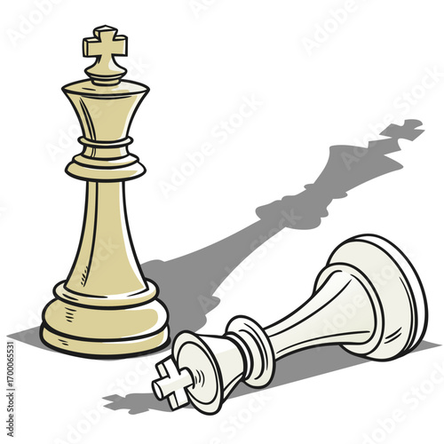 Vector art of a cartoon illustration depicting a chess king standing tall with a fallen pawn, symbolizing strategic victory, leadership, and triumph over adversity