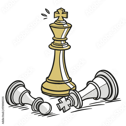 Vector art of a triumphant chess king stands tall among fallen pawns, the scene symbolizes victory, strategic dominance, and the successful completion of a game