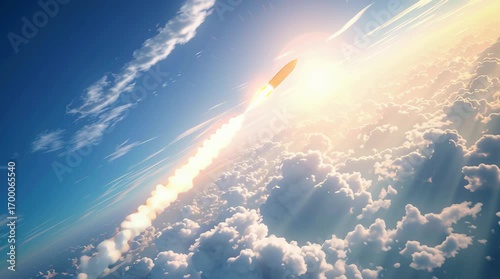 Rocket Launch in the Sky with Bright Flames and Smoke Trail