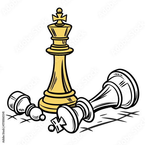 Vector art of a chess king stands victorious amidst fallen pawns, the scene represents strategic success, dominance in a game, and the achievement of a goal