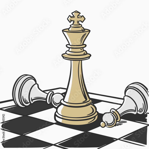 Vector art of a chess king stands tall amidst fallen pawns on a checkered board, , symbolizing strategy, victory, and the fragility of power in the game of chess