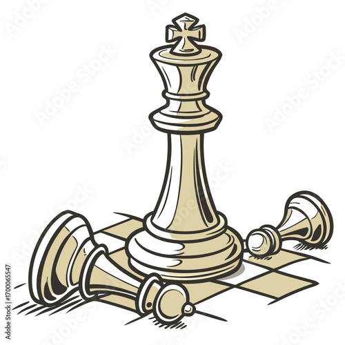 Vector art of a cartoon illustration showcasing a chess king standing proudly among defeated pawns, representing strategic dominance, leadership, and achievement in a competitive game