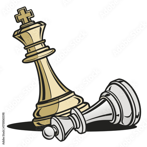 Vector art of a chess king lies fallen beside a pawn, , symbolizing defeat, vulnerability, and the transient nature of power in the strategic game of chess