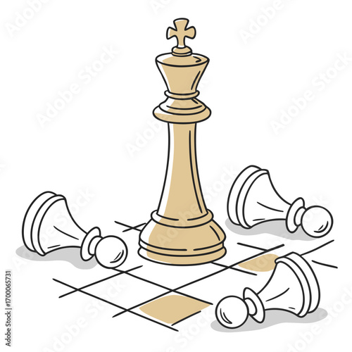 Vector art of chess king standing tall among fallen pawns on a checkered board, representing strategic victory, leadership, and the triumph of intellect in a competitive game