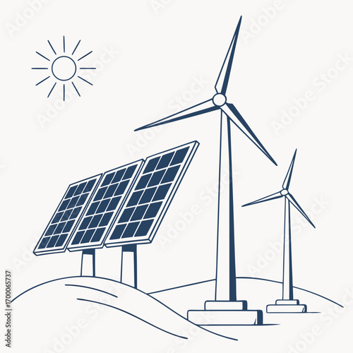 Vector art of illustration showcasing sustainable energy sources, featuring solar panels and wind turbines against a clean background, symbolizing renewable power and environmental consciousness