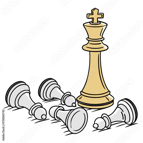 Vector art of chess king standing tall among fallen pawns, symbolizing strategic victory, leadership, and the triumph of intellect in a competitive game of chess