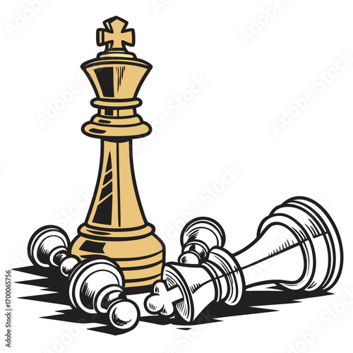 Vector art of triumph in strategy a golden chess king stands tall amidst fallen pawns, , symbolizing victory, resilience, and the strategic brilliance of the game