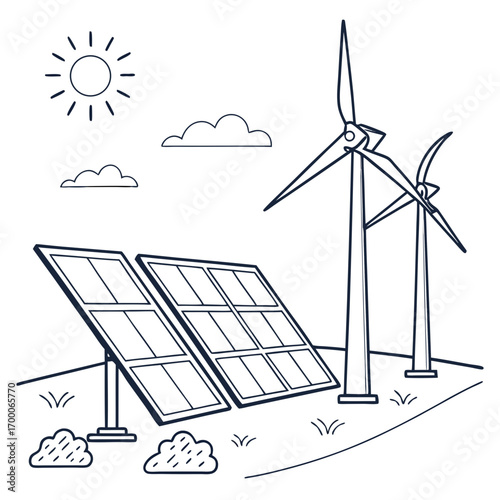 Vector art of a minimalist illustration of renewable energy, depicting solar panels and wind turbines under the sun and clouds, symbolizing a clean and sustainable environment